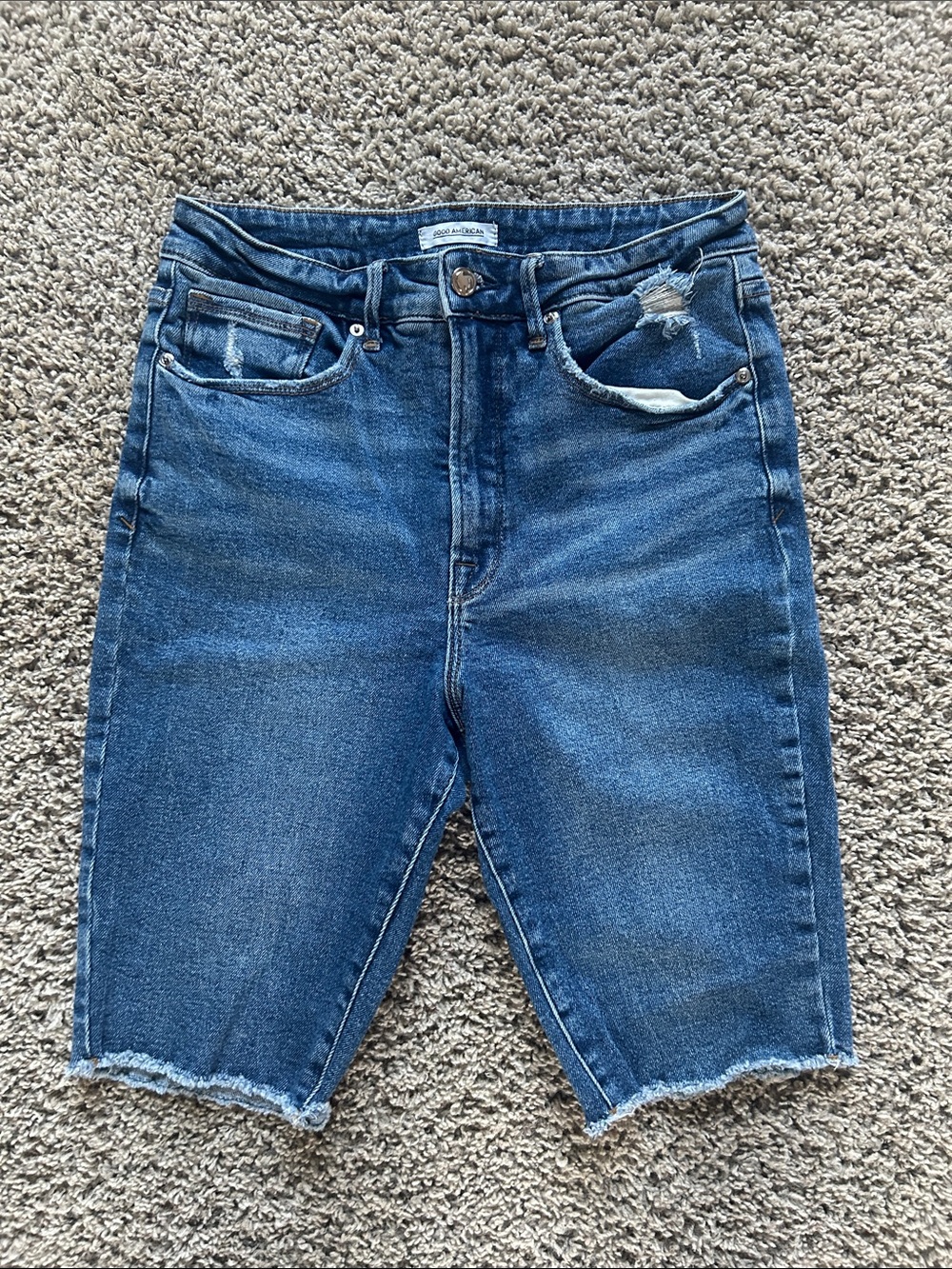 Good American Raw Hem Distressed Denim Bermuda Shorts